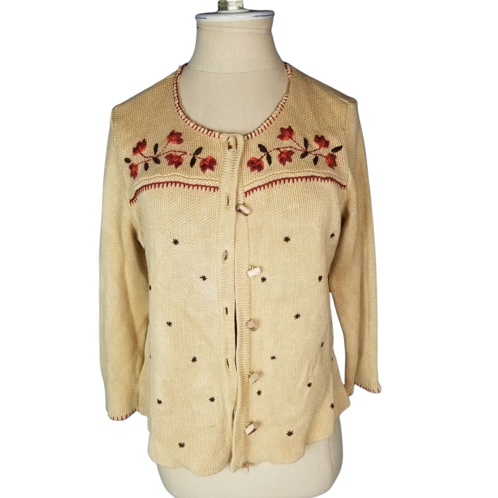 Vintage Granny Core, Cottage core Embroidered silk, cotton Tan Cardigan Small